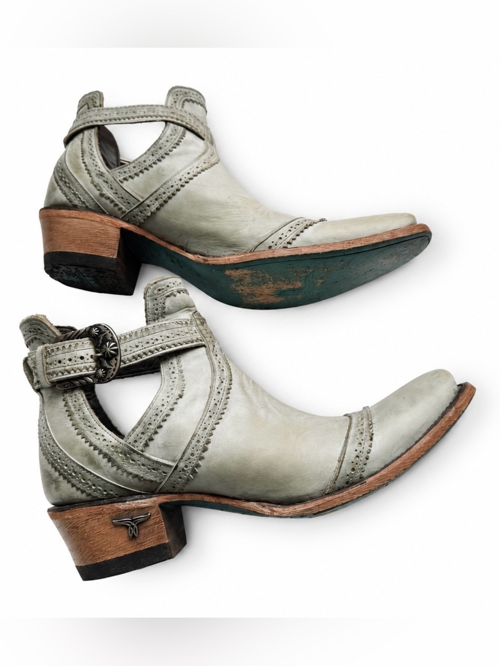 Lane Cahoots Western Booties Size 7.5 Light Teal Blue Leather Cutout Snip Toe - Picture 2 of 13